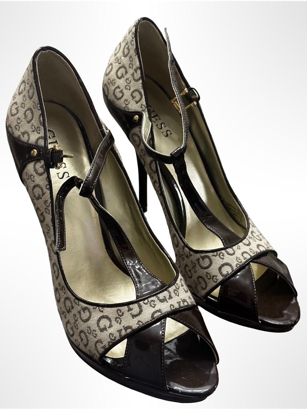 Guess Beige Monogram T-Strap Peep Toe Heels with Dark Brown Patent Trim